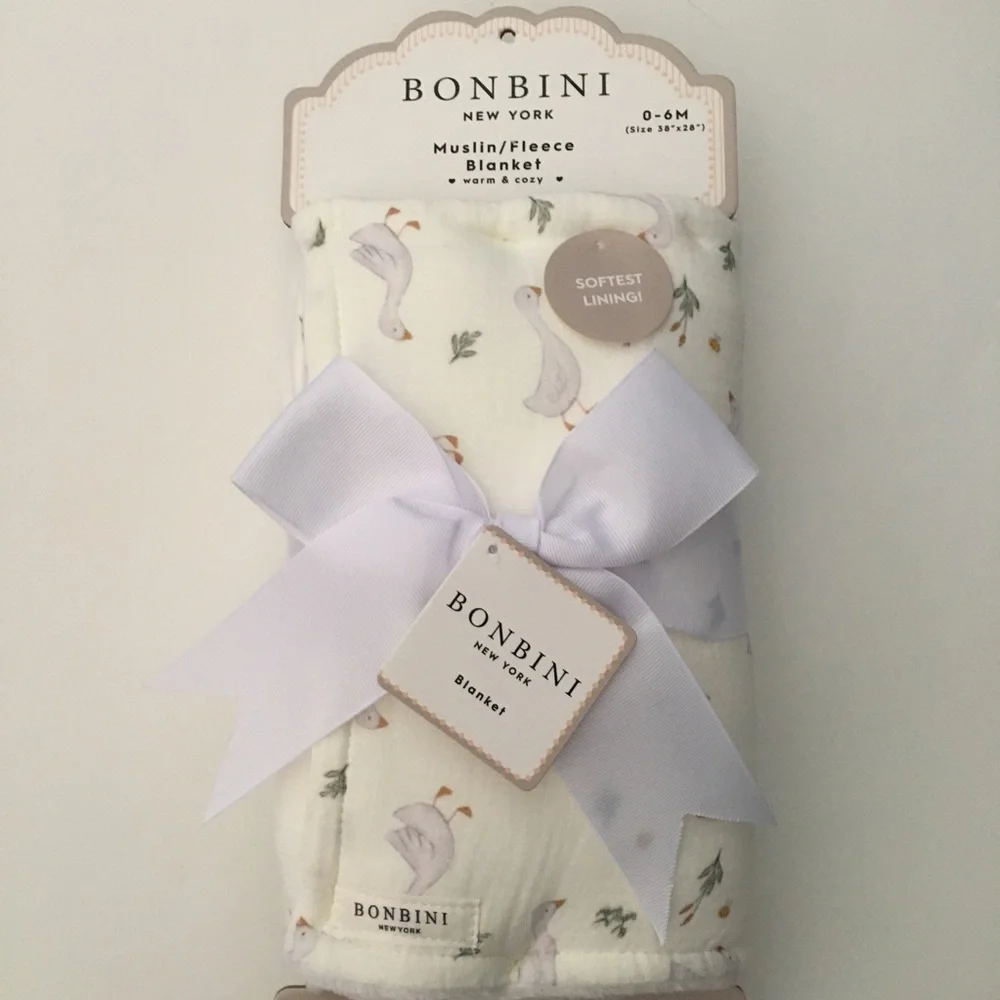 Baby Blanket Muslin Fleece Soft Lining White Goose Theme NEW | Bonbini